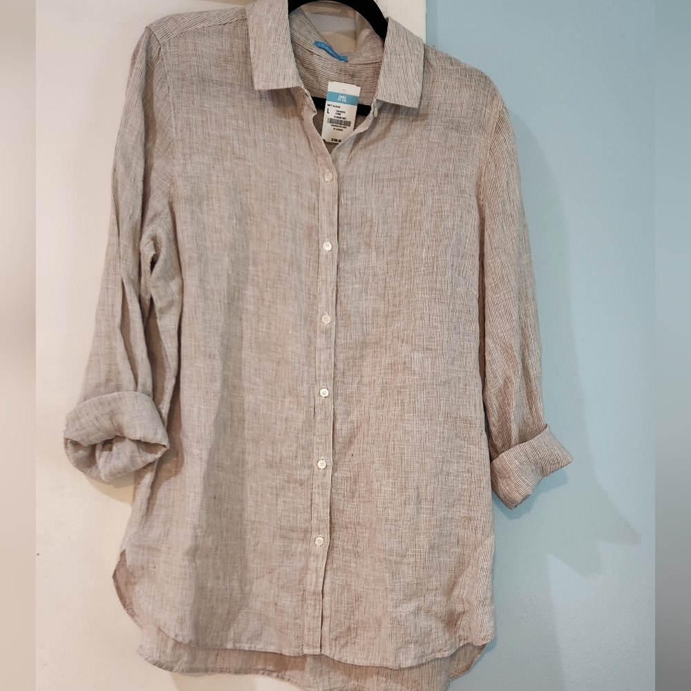 J.McLaughlin tan/white striped, large, Britt Linen Shirt - Picture 1 of 11